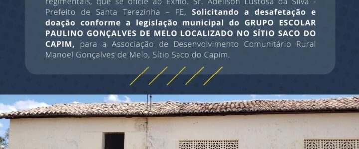 Indicação Nº 159/2021 Solicita doação de prédio público para a Associação do Sítio Saco do Capim